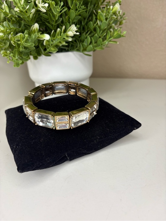 Gold Tone Emerald Cut Crystal Hinged Bangle Bracelet Magnetic Closure Glam main image 3